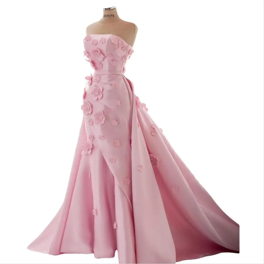 

Pink Strapless Robes De Soirée 3D Flowers Mermaid Detachable Train Evening Dresses Sleeveless Customized Party Dress 2025
