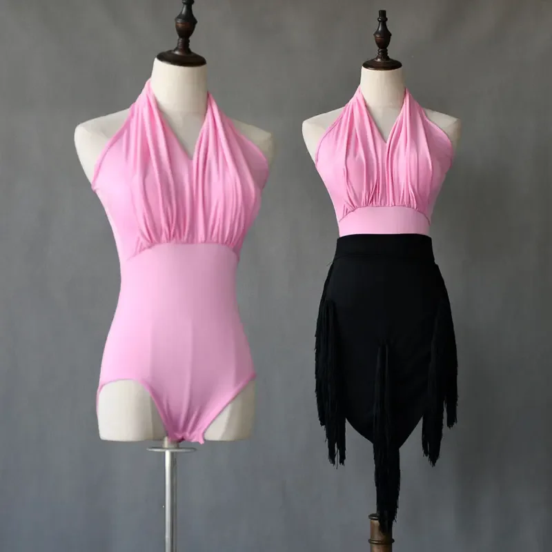 夏ラテンダンス V ネックトップ大人女性のセクシーな国家標準ダンス練習服ピンクホルターベルト胸パッドトップ 2025