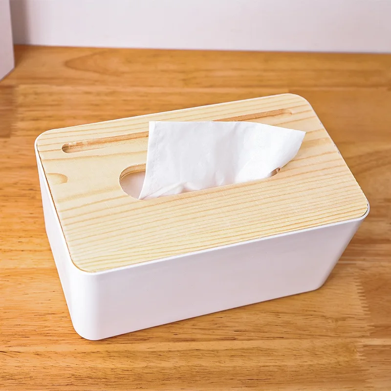 White Tissue Box Napkin Holder with Wooden Lid Top Toilet Paper Box Napkin Organizer Container Handkerchief Case Wipes Dispenser