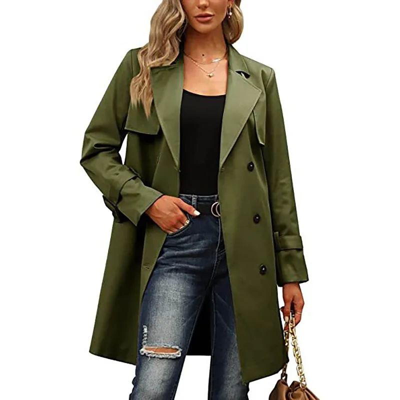 Autumn and Winter Women's Double-breasted Fashion Casual Lapel Mid-length Trench Coat