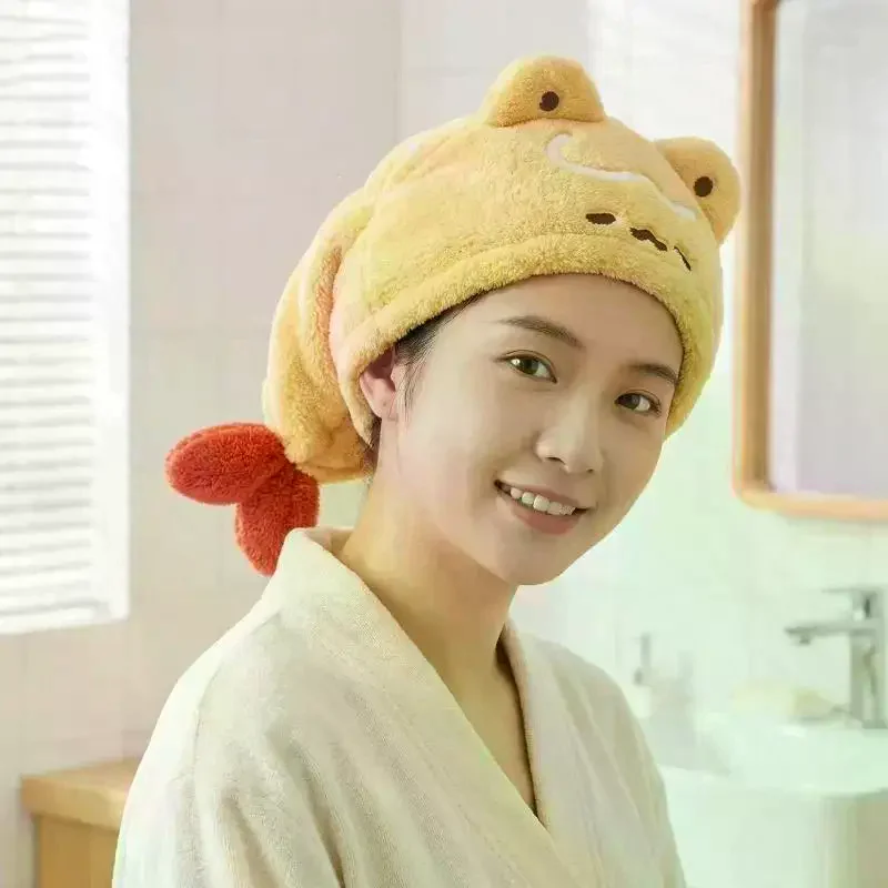 Women's Quick-Dry Absorbent Thickened Korean Cute Fried Shrimp Embroidered Shower Cap Towel 1PCS