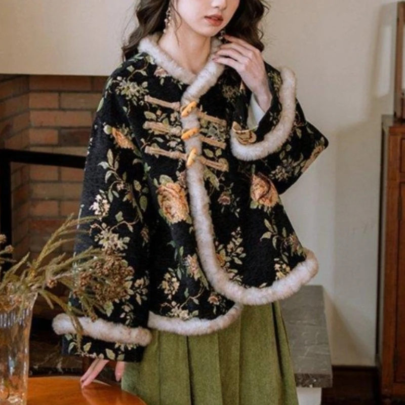 

Winter Fall Women Dobby Floral Vintage Chinese Style Fur Patchwork Loose Black Padded Coat , Woman Thick Warm Quilted Coats
