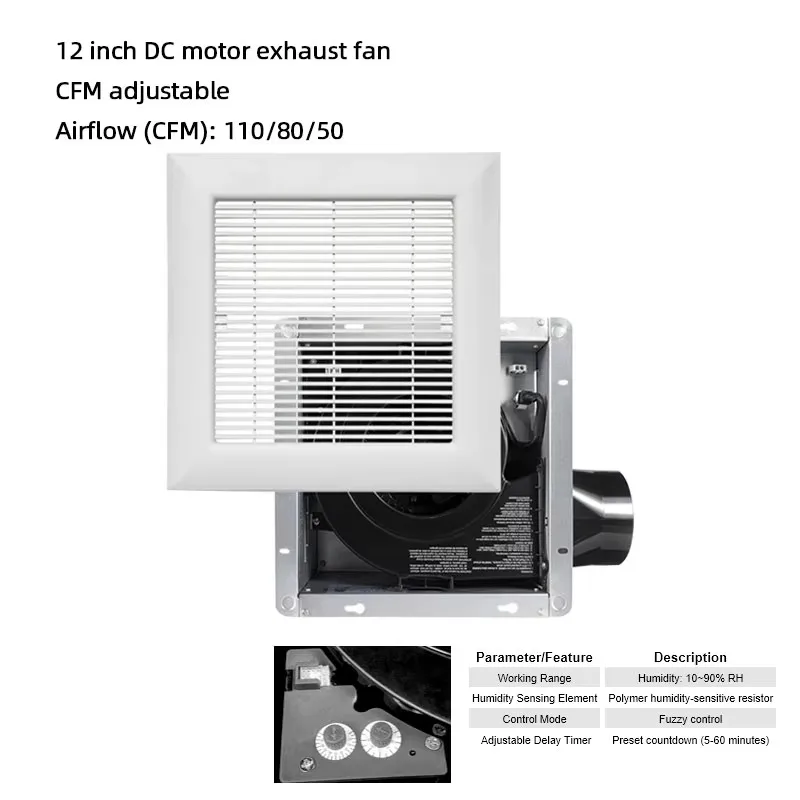 Bathroom Exhaust Fan ETL/HVI Certification with Humidity Sensor & Timer Quiet Exhaust Bathroom Fan for Attic Basement 12 Inch