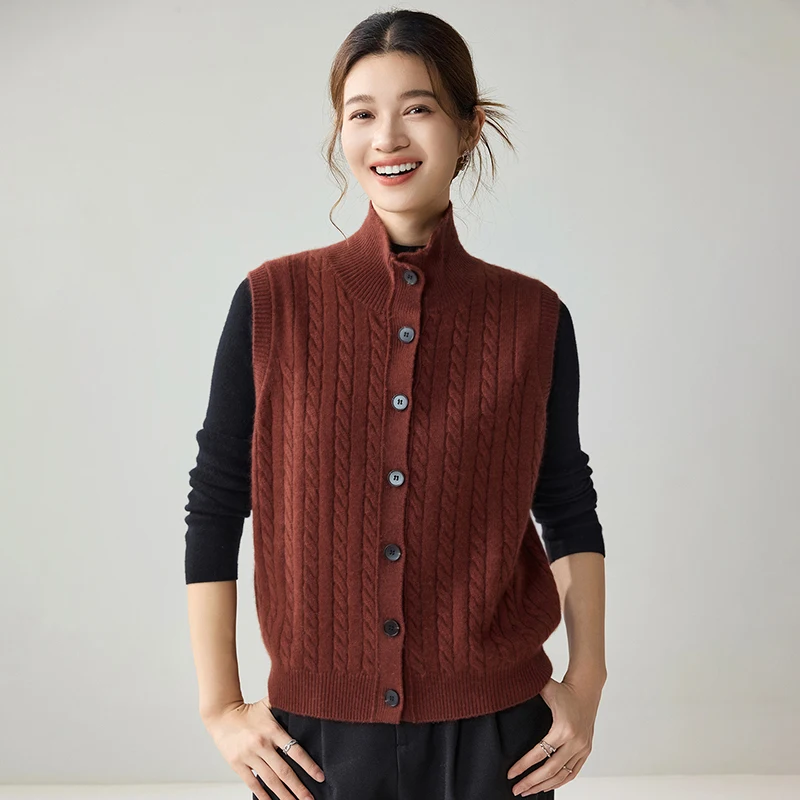 Autumn Winter 100% Premium Cashmere Women Cable Knit Stand Collar Vest Cardigan Retro Textured Commuter Sleeveless Sweater Coat