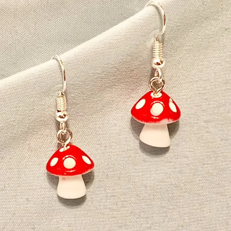 

Red Mushroom Toadstool dangle earrings Funky Fun Cute earrings original