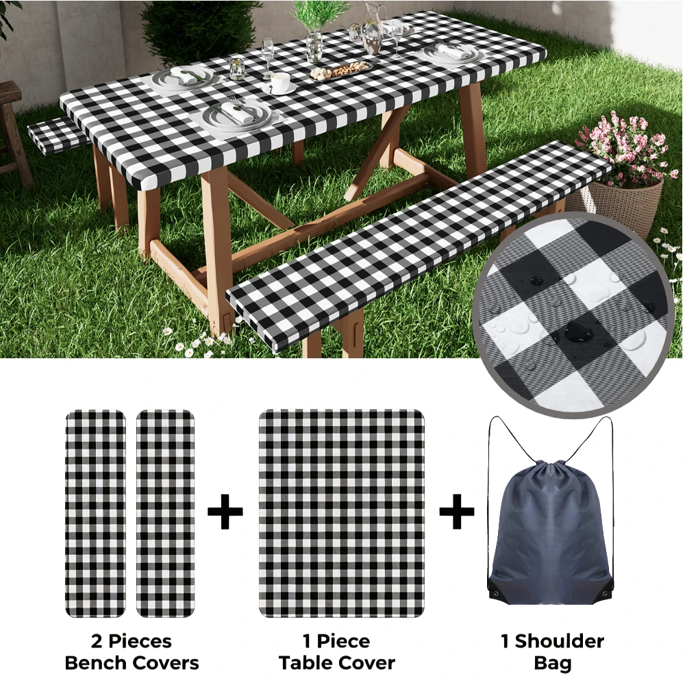 Picnic Table Cover with Bench Covers Waterproof Windproof Elastic Tablecloth with Elastic Edges for Outdoor Camping 4 Pcs Set