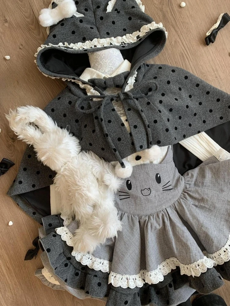 ชุดกระโปรงน่ารักสไตล์คาวาอี้สำหรับฤดูใบไม้ร่วงและฤดูหนาว ผู้หญิง ลายจุด ผ้าคลุมไหล่ + เสื้อเซ็กซี่แบบสาวฮอต + กระโปรงมินิเค้กน่ารักสไตล์ Y2k ชุด 3 ชิ้น ใหม่