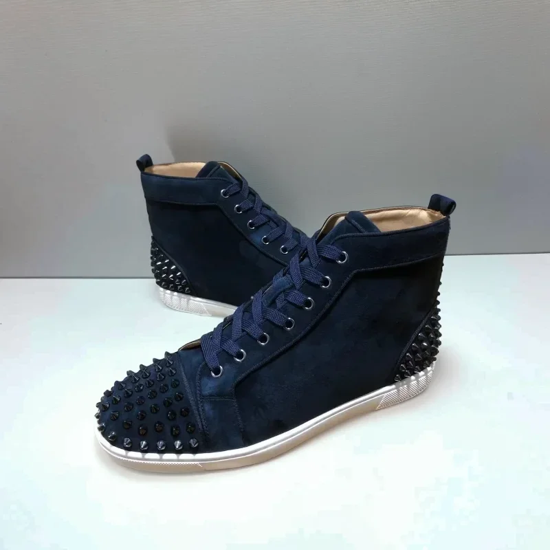 

High Top Red Bottom For Men Trainers Luxury Driving Spiked Blue Suede Genuine Leather Shoes Rivets Toecap Heels Flats Sneaker