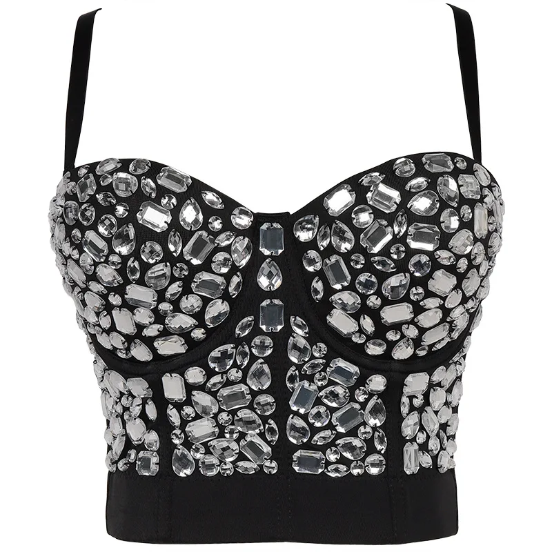 Sexy Corset Camisole Rhinestone Top Bustier Crop Top Women Sleeveless Backless Diamond Bra Shiny Tank Top Festival Clothing