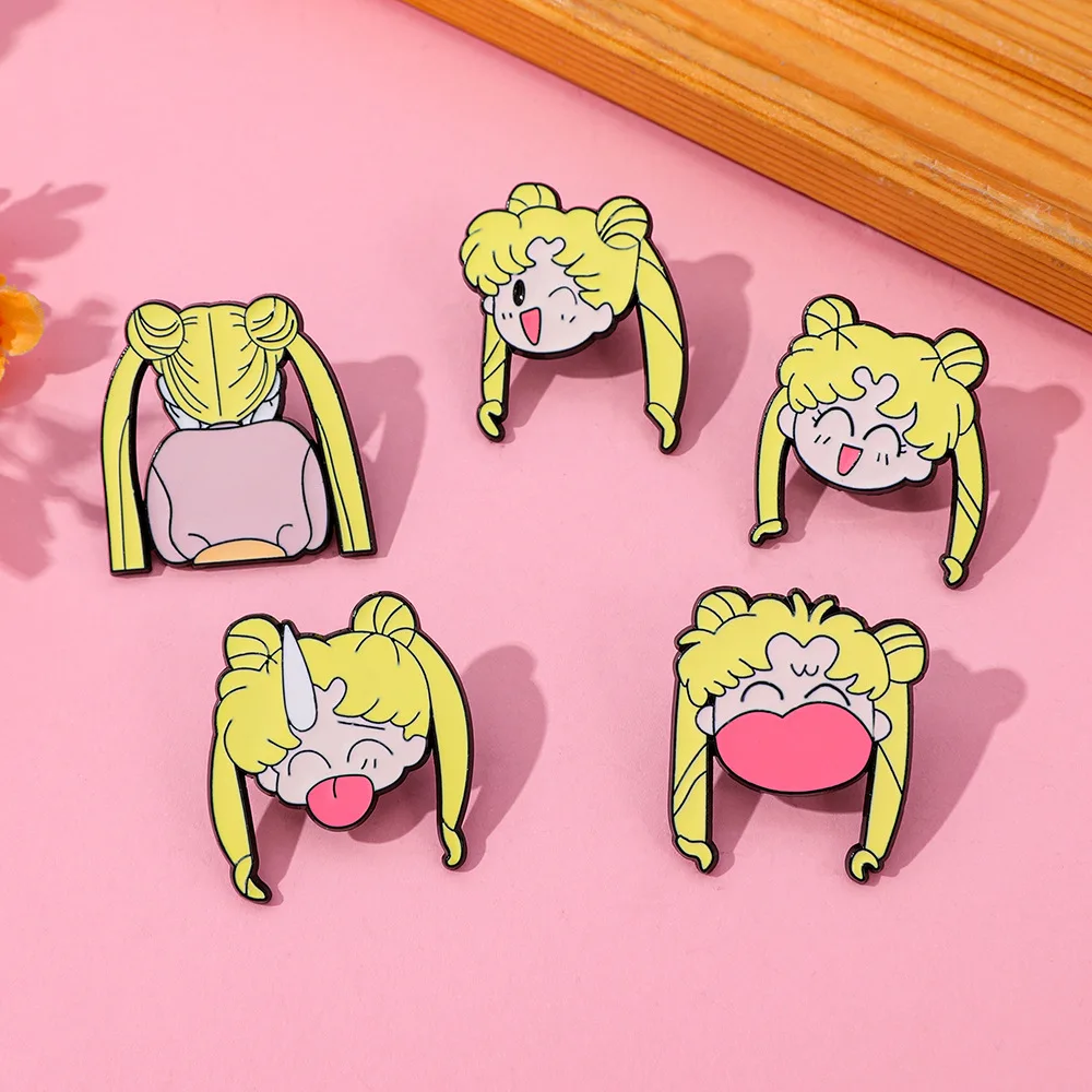 Kawaii Blonde Double Bun Girl Enamel Pins Funny Meme Expression Brooch Cartoon Lapel Badges for Backpack Decor