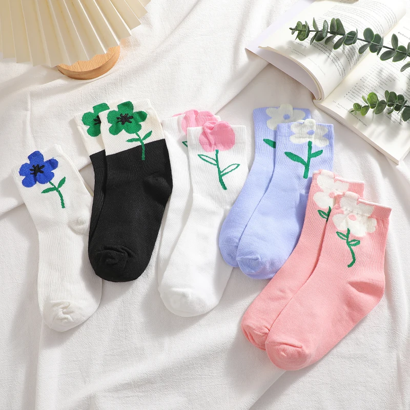 5 Pair Women's Socks Japanese Korean Style Cartoon Tulip Flower Cute Kawaii Mid Tube Socks Breathable Casual Frilly Ruffle Socks