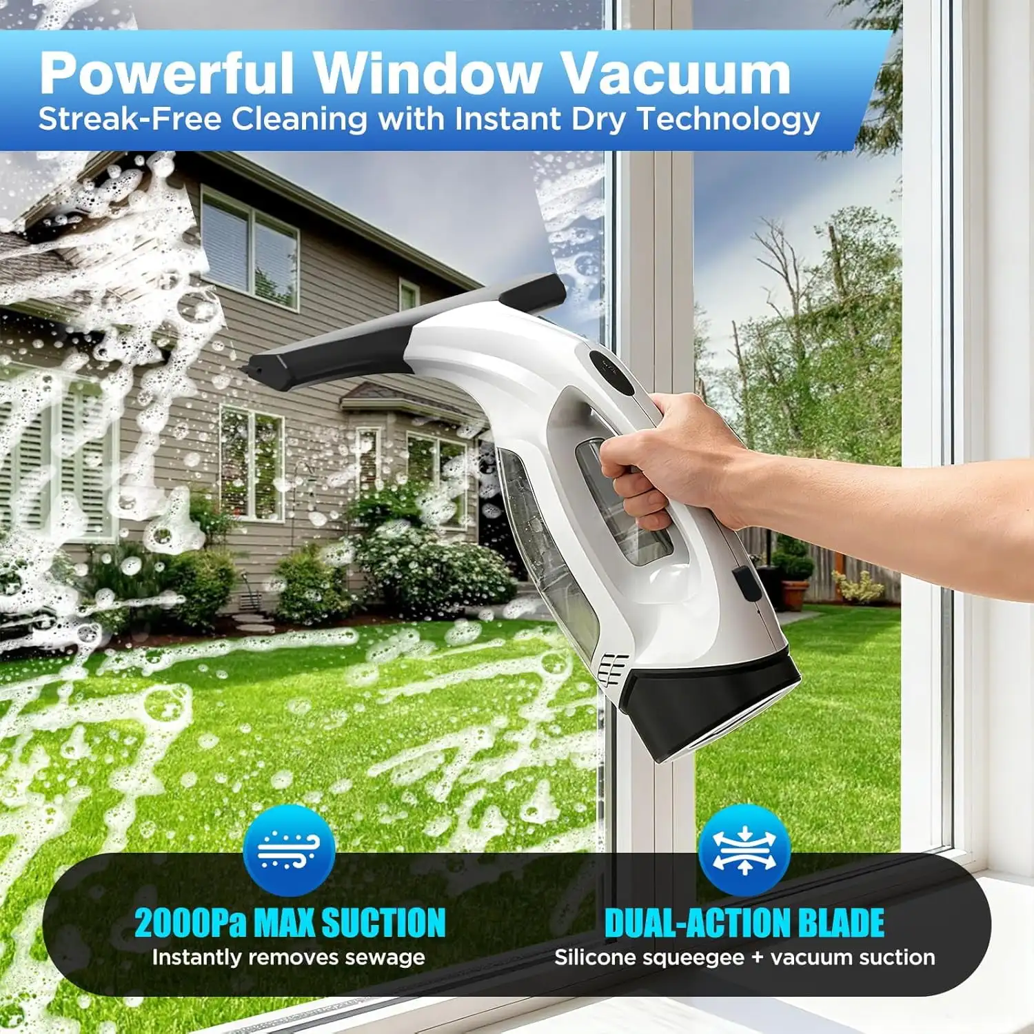 2026 New Upgrade Window Vacuum Squeegee Cordless, 2000Pa Electric Window Cleaner Tool with 2200mAh & 150ml Water Collection Tank