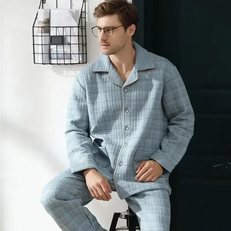 Fall & Winter Thicken Men\'s Pajama Sets Simple Warm Sleepwear Cotton Top Pant Leisure Outwear Soft Plus Size Loungewear 2024