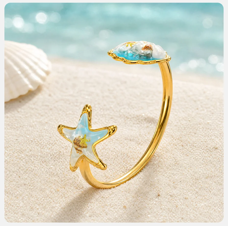 Vnox Bohemia Blau-Rosa Harz-Muschel-Seestern Offenes Armband Halskette Ohrringe Vergoldet Hypoallergen Wasserdichter Strand-Schmuck – Detail 6