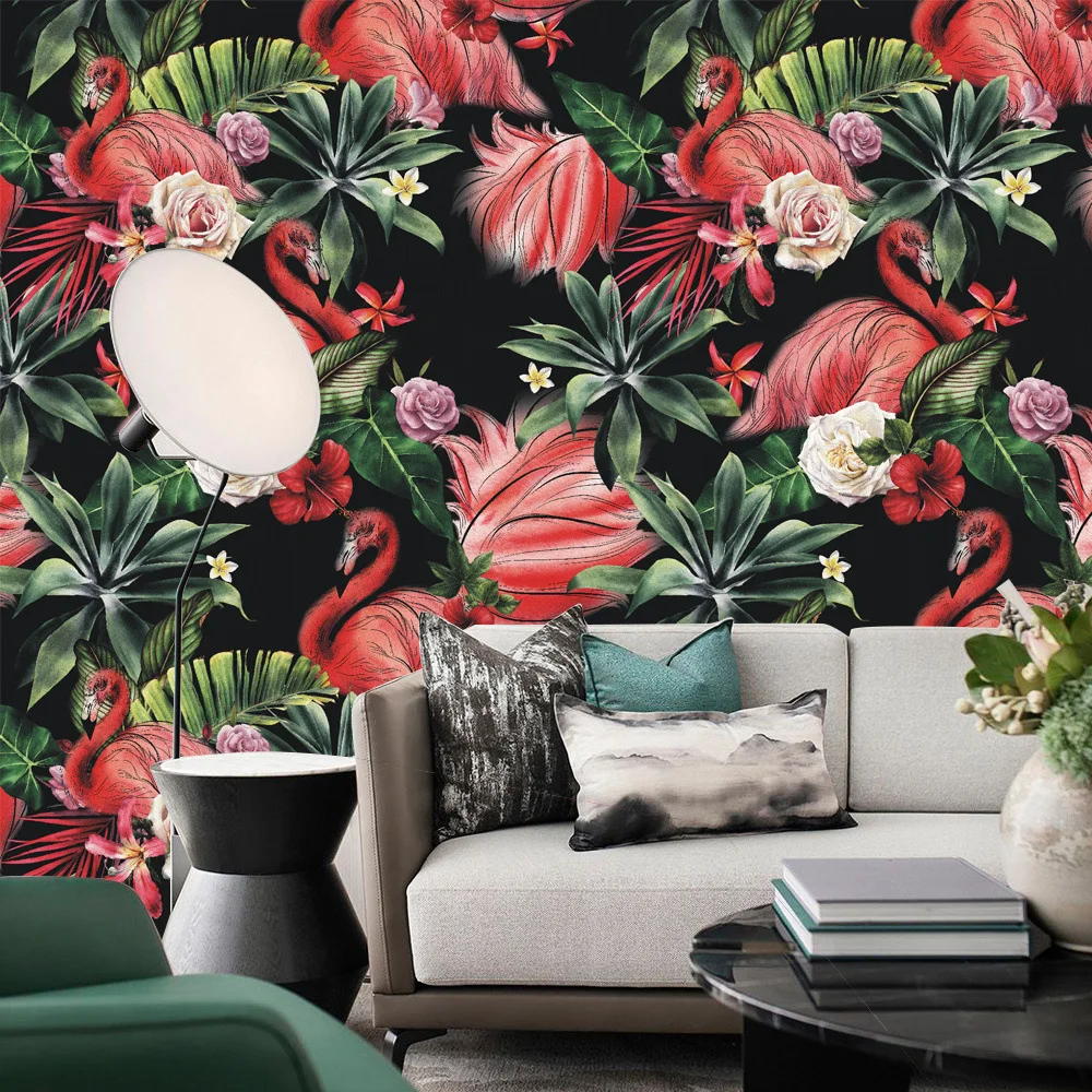 Red Flamingo Wallpaper for Living Room Bedroom Sofa Background PVC Self-adhesive Rose Floral Bird Wall sticker Home Decor Mural