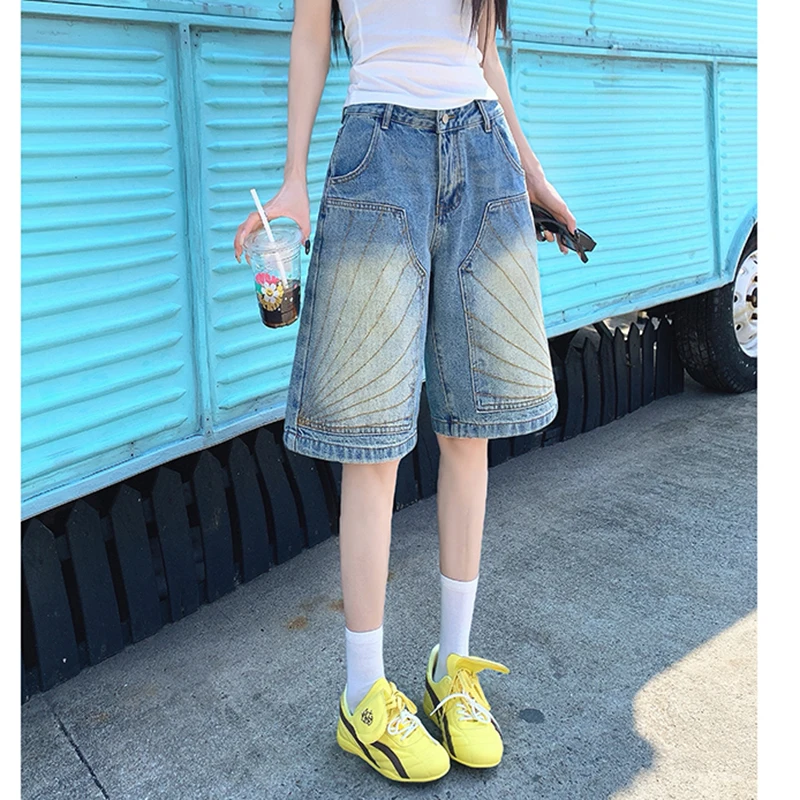 High Waist Blue Retro Washed Denim Shorts Women Summer Fashion Casual Loose Y2K Wide Leg Shorts Pants