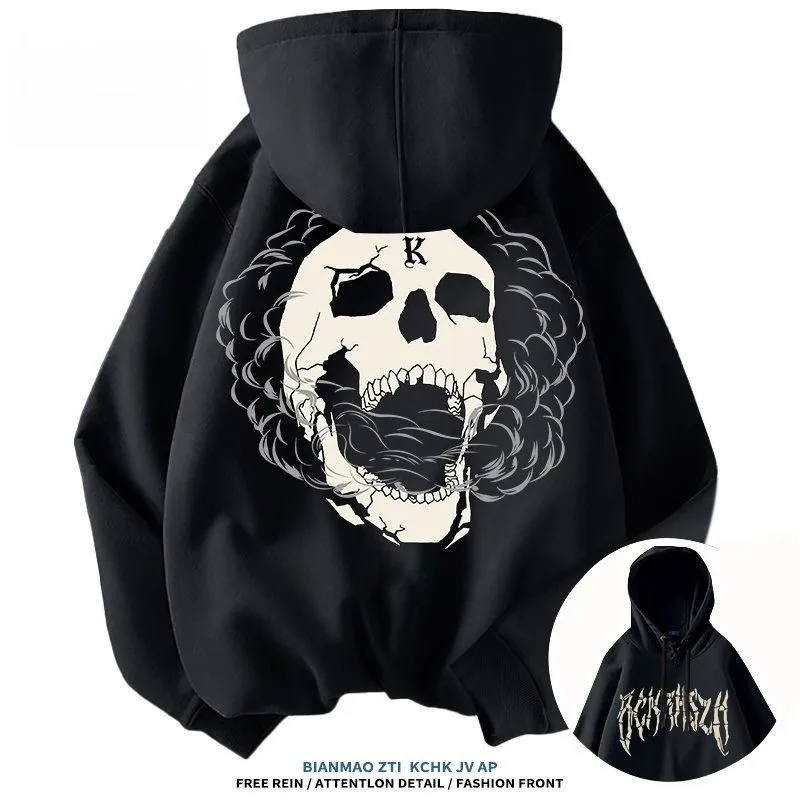 American Street Trendy Brand Skull Element Printed Fashion Trend Hoodie High Street Men's Casual Loose Hoodie With Hat - Image 4