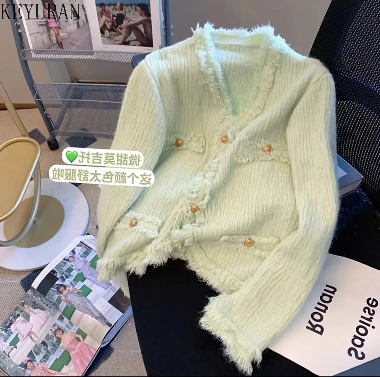 Green Tassel Knitted Cardigans Women Autumn Winter Solid V Neck Korean Fashion Single Breasted Office Lady Women Sweaters Mujer