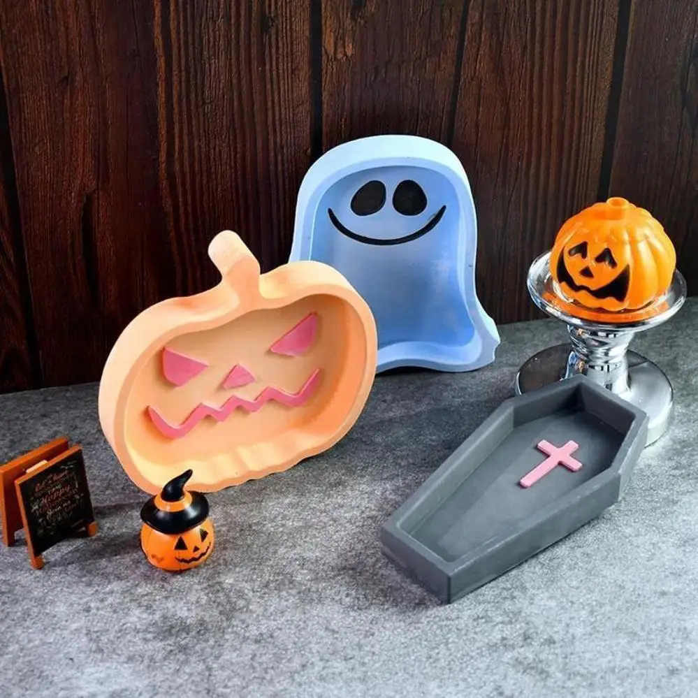 1 Pcs Cute Halloween Coffin Pumpkin Spooky Bat Tray Silicone Mold Holiday Tray Plaster Mold Resin Drip Moulds