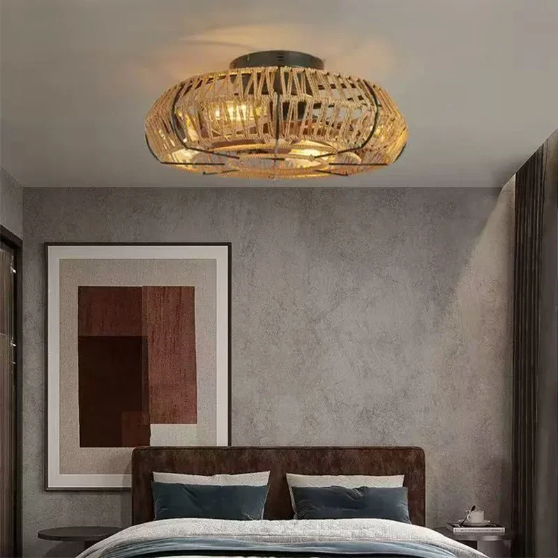 2025 American Retro Bedroom Ceiling Fan Light Remote Control Dining Room Living Room LED Ceiling Light Hemp Rope Craft Decoratio