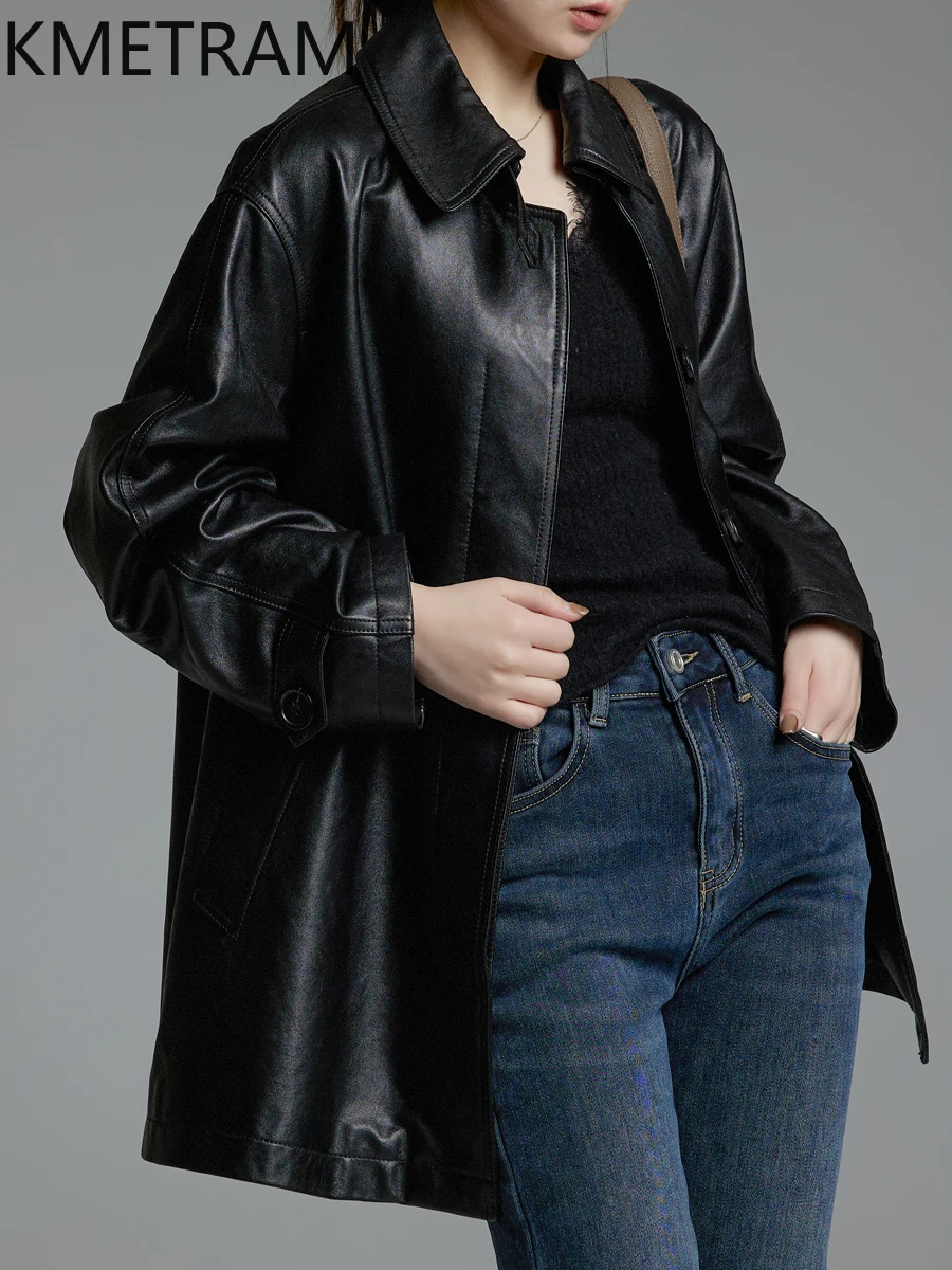 KMETRAM 100% Giacca in pelle di pecora naturale di media lunghezza Trench casual 2025 Autunno Giacca in vera pelle Donna ropa mujer