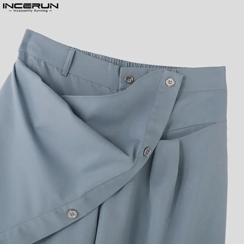 INCERUN-Pantalones largos de pierna ancha para hombre, pantalón holgado informal con botones irregulares, Color sólido, ropa de calle de gran tamaño, otoño