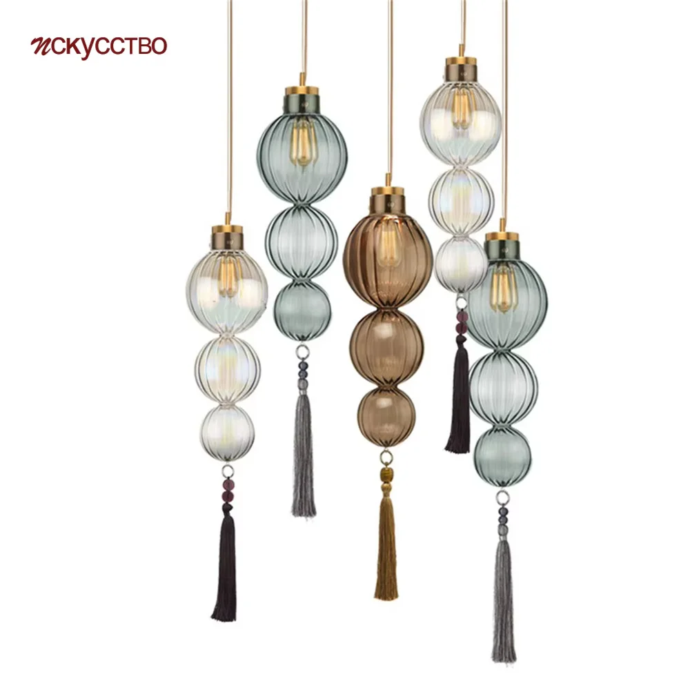 Chinese Style Stained Glass Gourd Tassel Pendant Lights Loft Living Room Kitchen Bedside Lamp Art Deco Sconces Lighting Fixtures