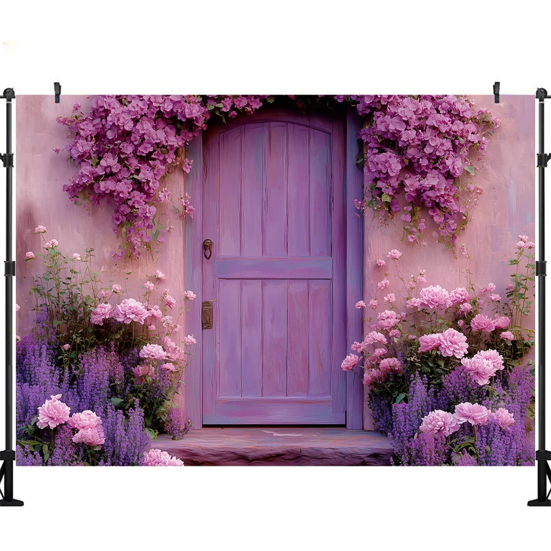 LS Photography Background Purple Floral Rustic Door Adult Birthday Wedding Maternity Portrait Decor Backdrop Photo Studio