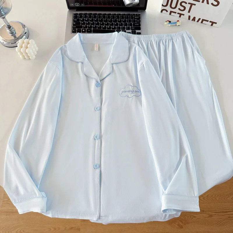 

Embroidery Letter Solid Soft Casual Women's Pajamas Warm Autumn Winter New Cardigan 2 Pieces Pajamas Set Basic Simple Sleepwear