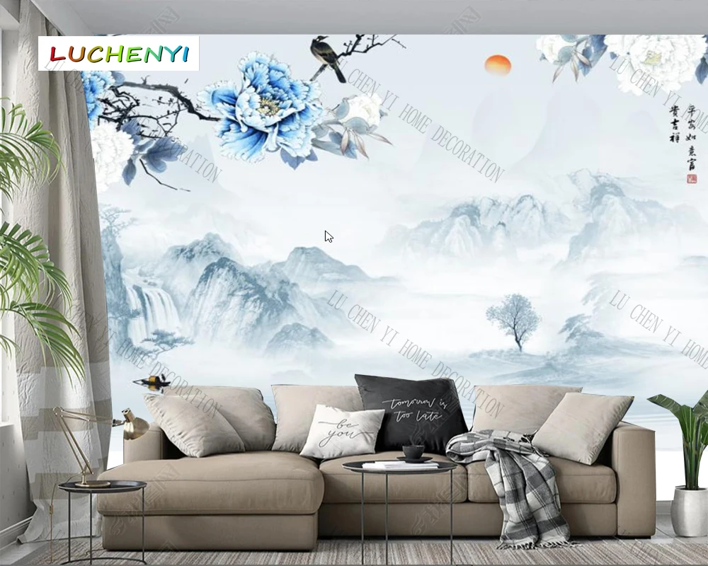 

Papel de parede custom blue peony flower floral wallpaper mural,living room tv wall bedroom wall papers home decor