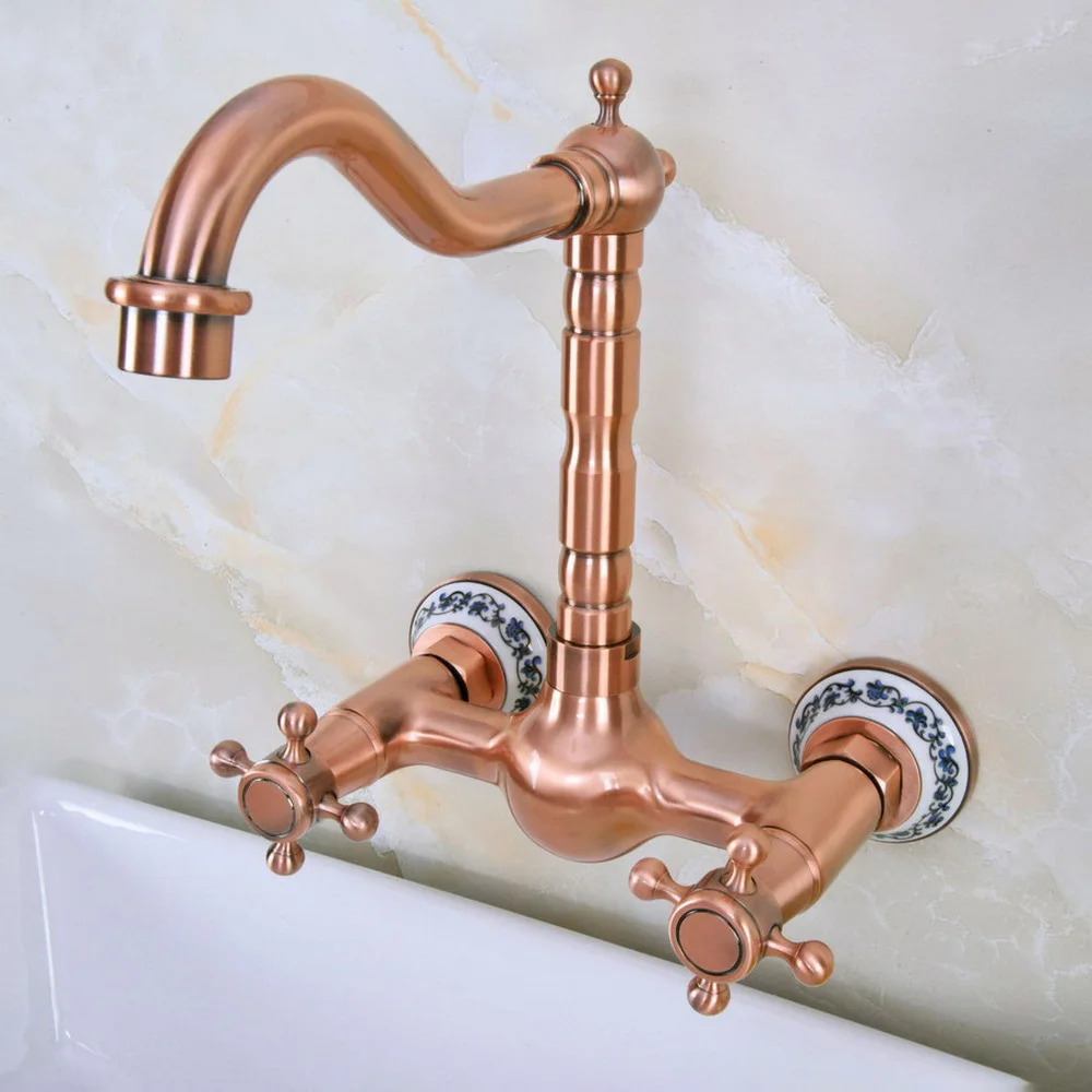 

Antique Red Copper Wall Mounted Swivel Kitchen Sink Faucet Dual Handle Lnf942