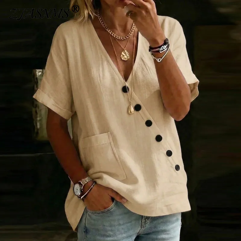 

New Spring Retro Solid Linen Woman Clothing Elegant V Neck Asymmetrical Button Pocket Blouse Summer Short Sleeve Loose Top Shirt