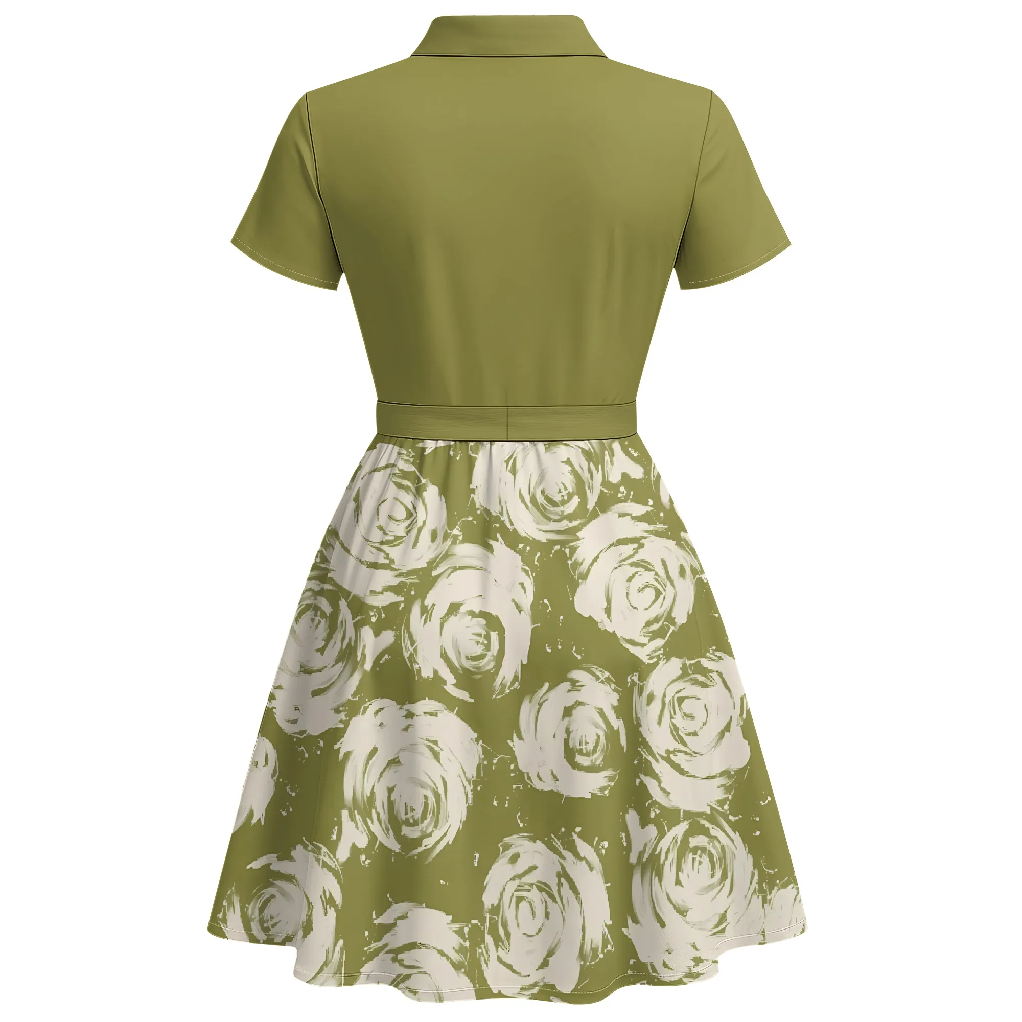 Nupusa Olive Green Rose Print Patchwork Dress for Women Regular Size Summer Casual Shirt Collar Short Sleeve Belted Midi Dress