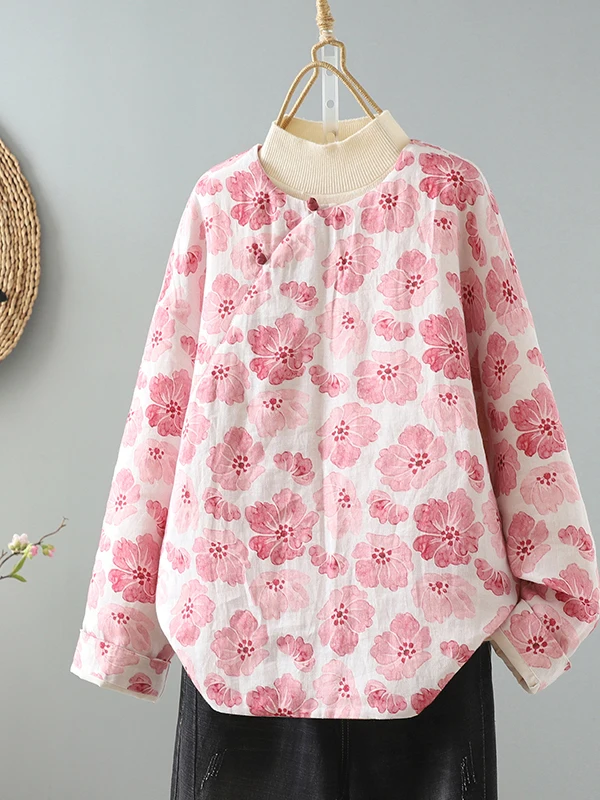 

Chinese Sle Cotton Linen Print Anti-Aging Retro round Ne ort Jaet Women's Winter Vintage Coat with Button Slanting Sl...