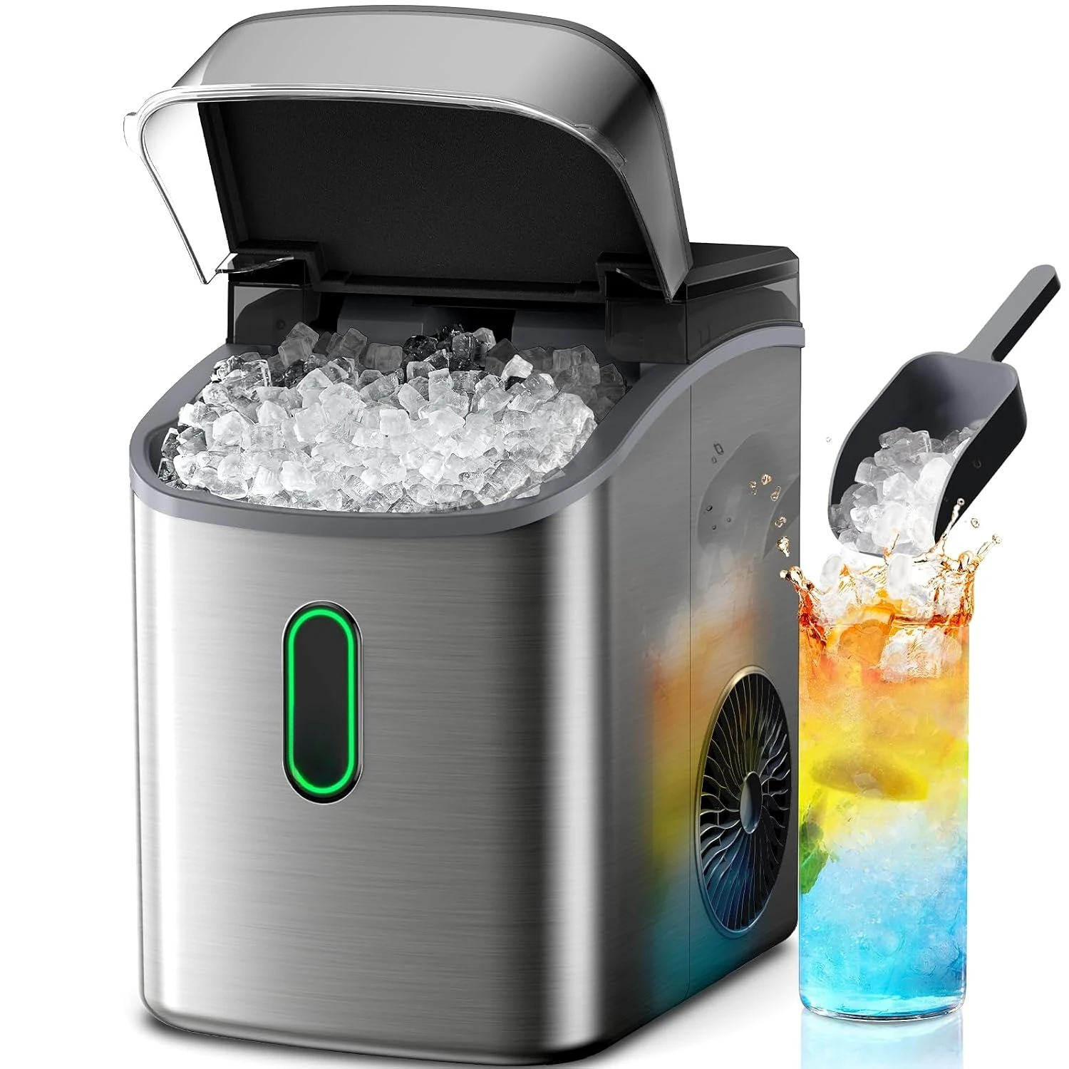 Nugget Ice Maker Countertop, Pebble Ice Maker with Soft Chewable Ice, One-Click Operation Ice Machine with Self-Cleaning, 33lbs/24H, Stainless Steel