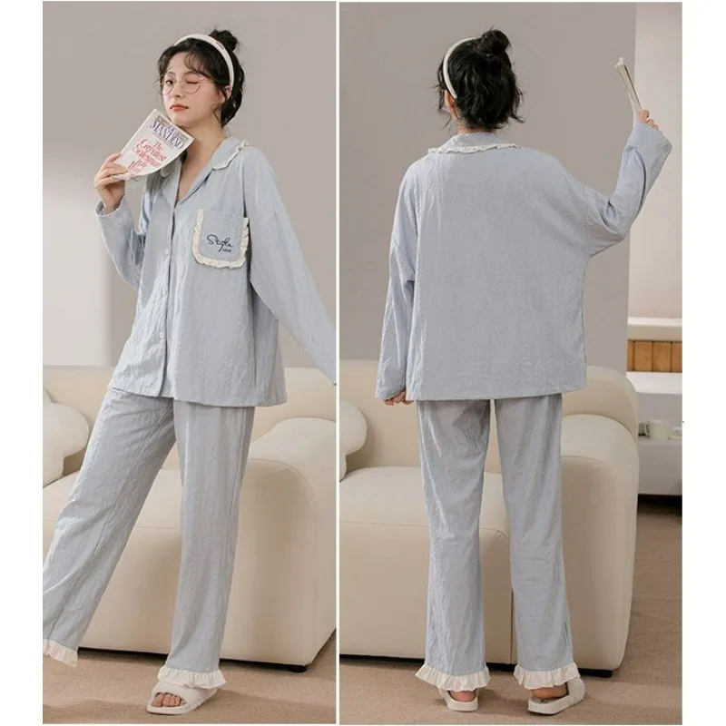 2024 New Couple Pajamas Spring Autumn Women Long-Sleeved Trousers Thin Homewear Suit Men Casual Loose Large Size Sleepwear Set
