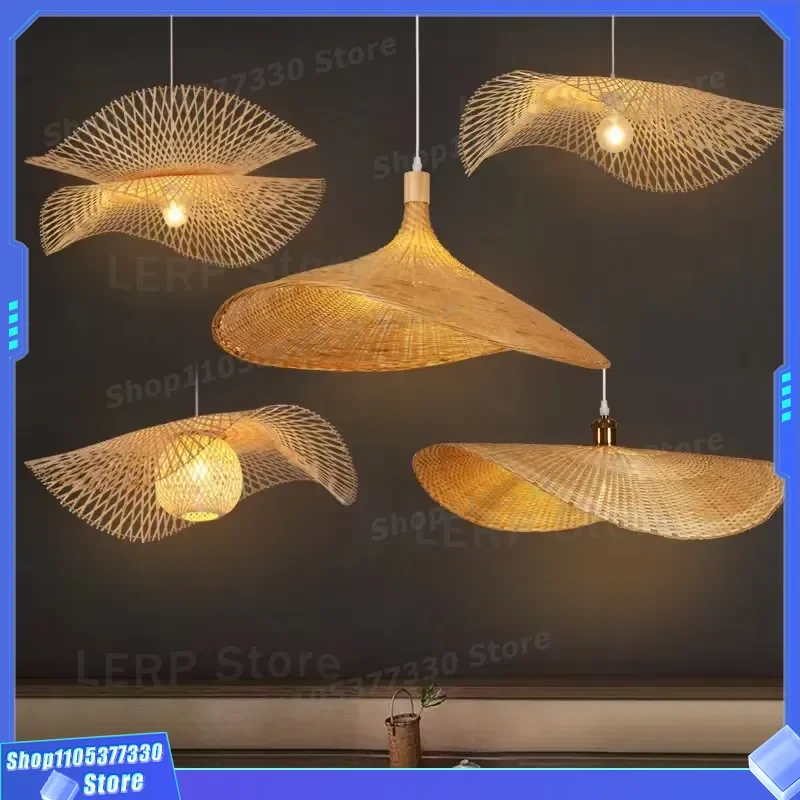 Retro Round Bamboo Wicker Chandelier Hand Woven Rattan Light Fixture Customized Chinese Style Indoor Wood Ceiling Lamp Decor