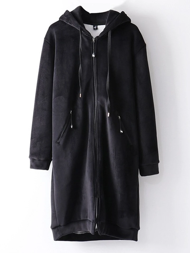 المرأة متوسطة طويلة المخملية هوديي سستة سترة سوداء سترة جديدة فضفاضة تنوعا ربيع الخريف موضة تنوعا معطف سميك