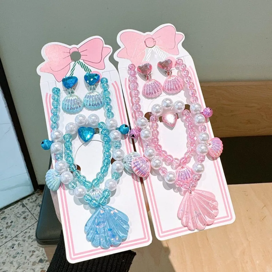 Mermaid Ocean Shell Pearl Beaded Necklace Earrings Jewelry Set for Girls Princess Accessories Birthday Party Dress Up Kit ZX07 view 2