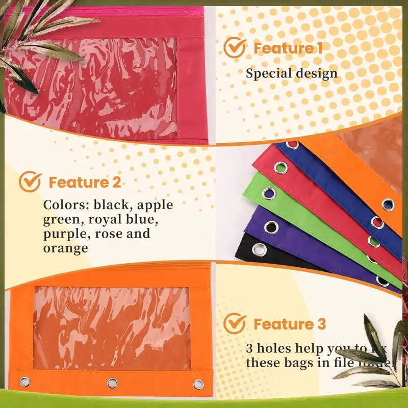 حقيبة أقلام رصاص جديدة مكونة من 6 قطع مع فتحات وأكياس بسحاب 3 حلقات مع نافذة شفافة (6 ألوان)