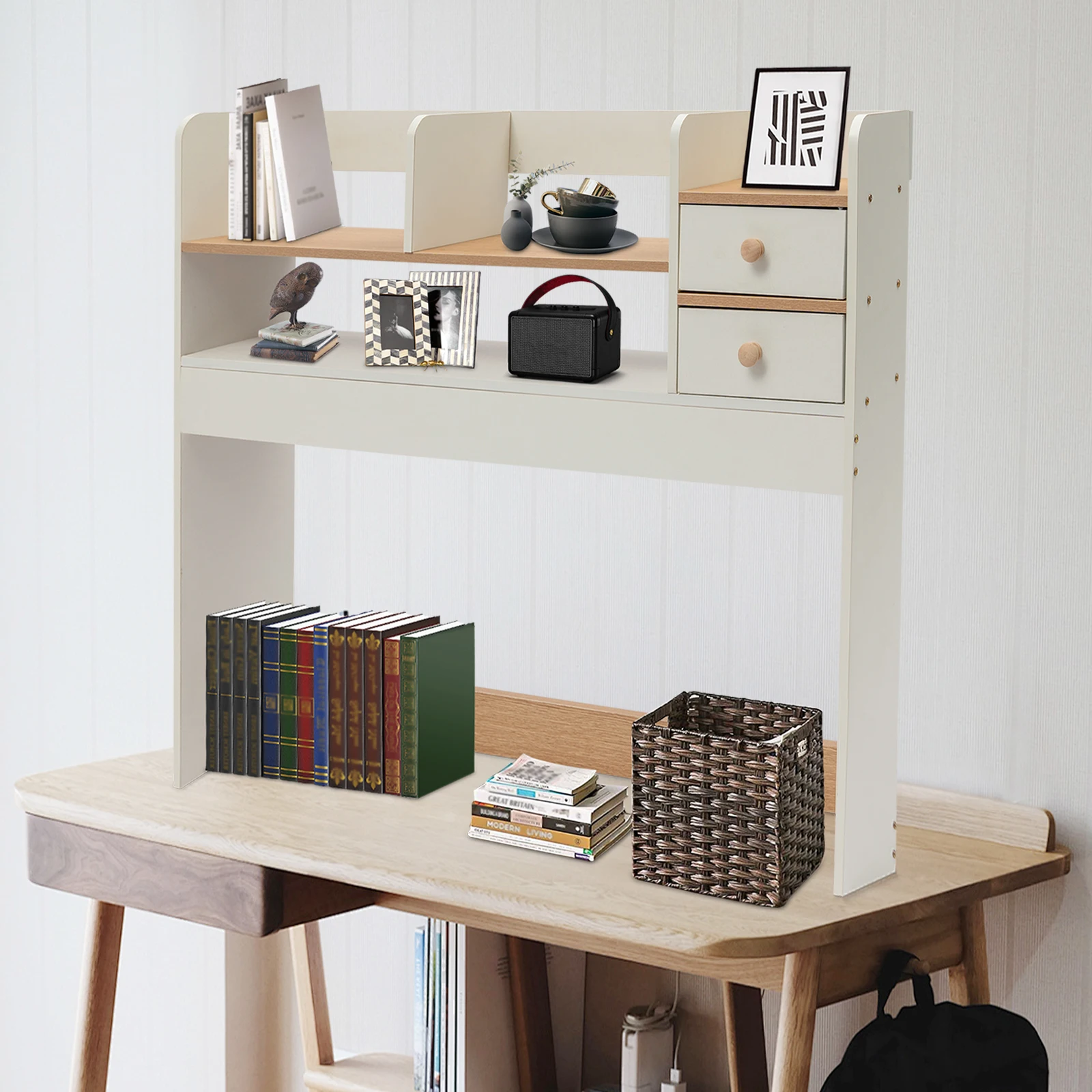 

2 Tiers Desktop Organizer Office Storage Rack with 2 Drawers, Wood Mini Cute Office Desk Shelves Small Bookshelf