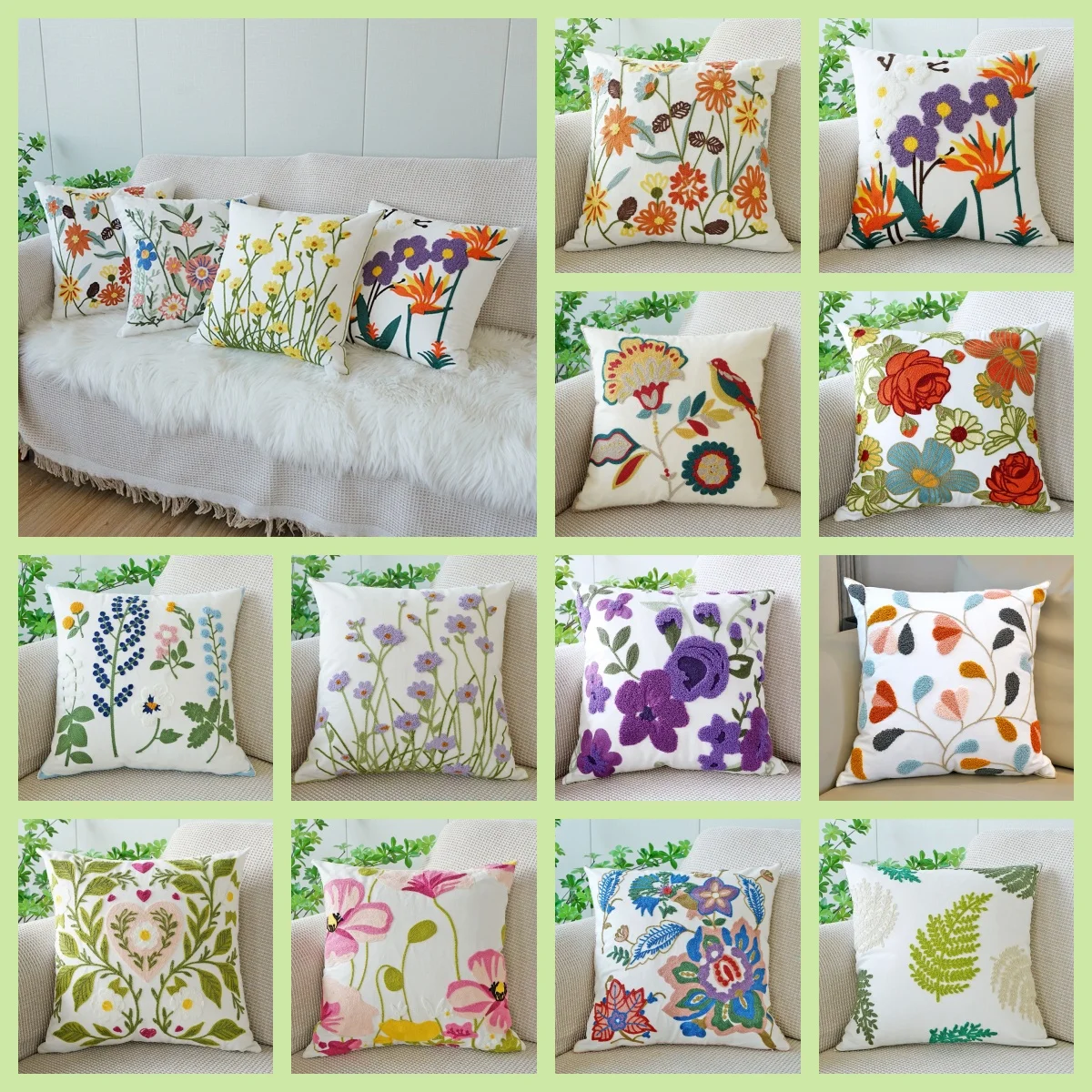 Pillow Covers Embroidered Boho Decorative Throw Zipper Aesthetic Design Flower Cluster Cute Linen Cover For Sofa Couch Bed Decor