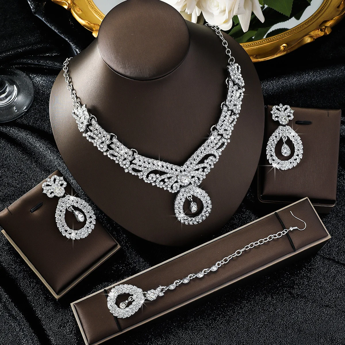 

Retro necklace set for women - luxurious crystal formal dress accessories. Lock chain set of four pieces. Gift for wife.
