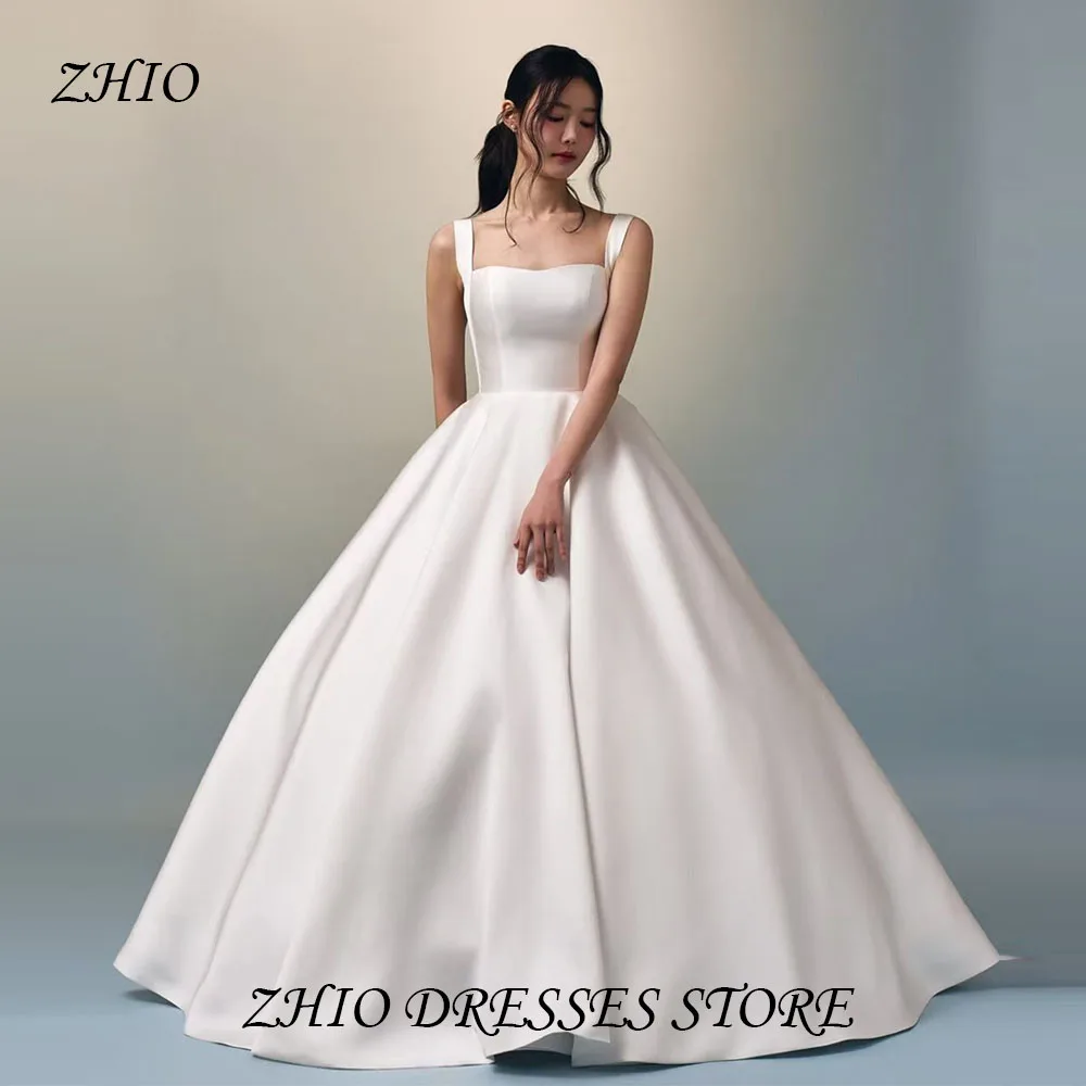 

ZHIO White Elegant A Line Square Collar Korean Wedding Dress Photo Sleeveless Floor Length Bride Gown Customized with Pleat