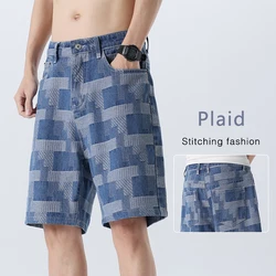 Fashion Plaid Denim Shorts for Men Summer New Straight Casual Splicing Jeans Streetwear Baggy Wide Short Pants Male