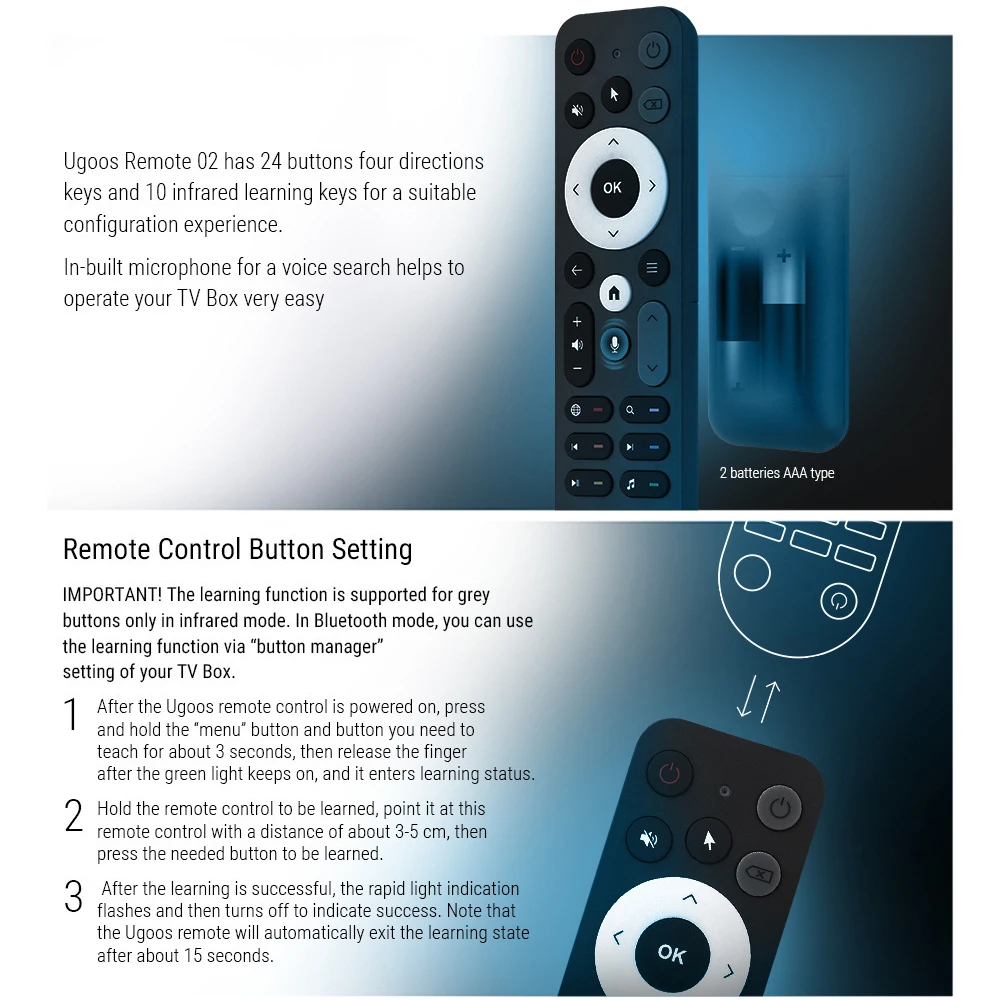 UR02 BT Voice Remote Control Air Mouse 24 keys IR learning Function TV Wireless Remote Controller With Gyro for Android TV Box