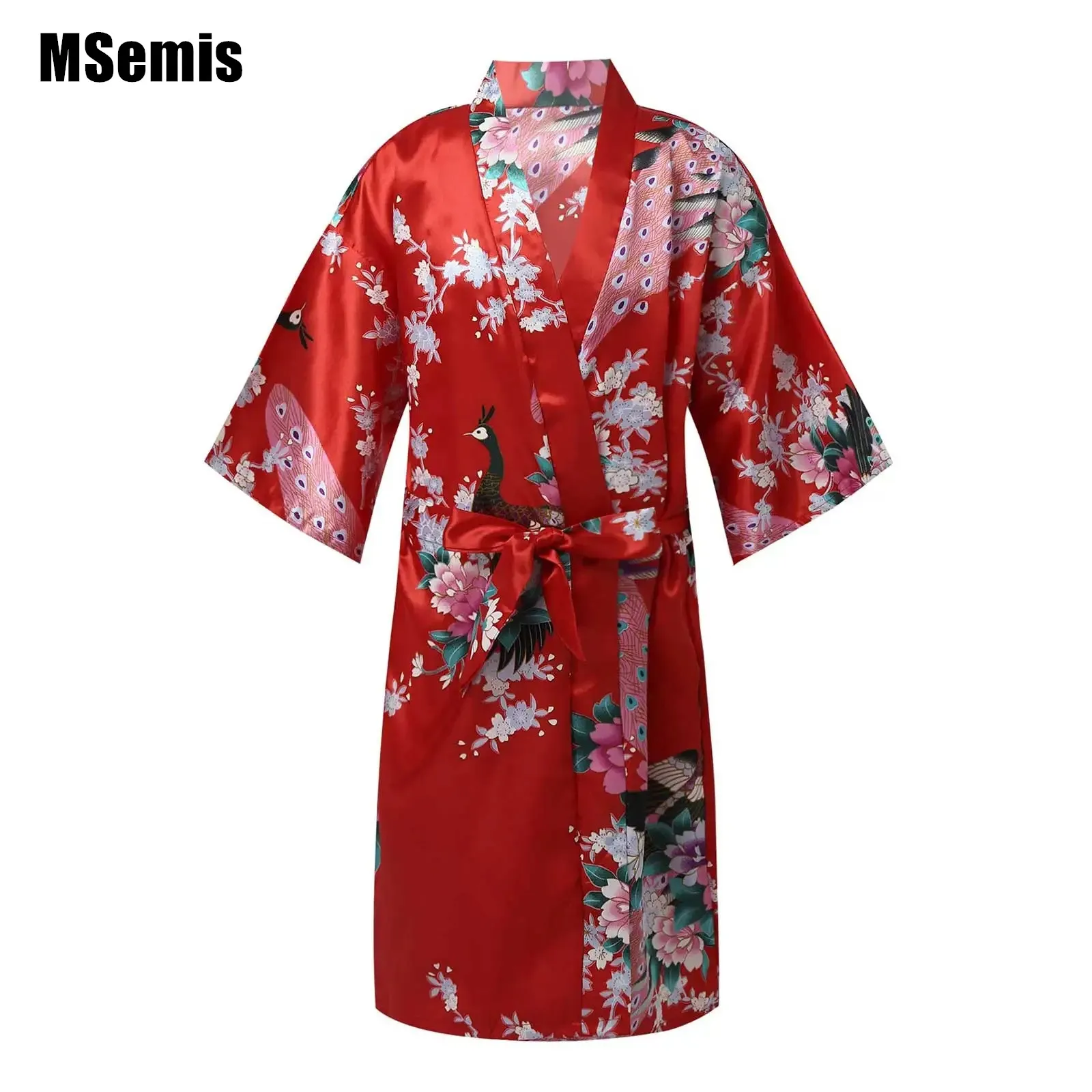 Kids Girls Japanese Night-gowns Peacock Flower Printed Faux Satin Kimono Robe Bathrobe Nightgown for Spa Party Wedding Birthday