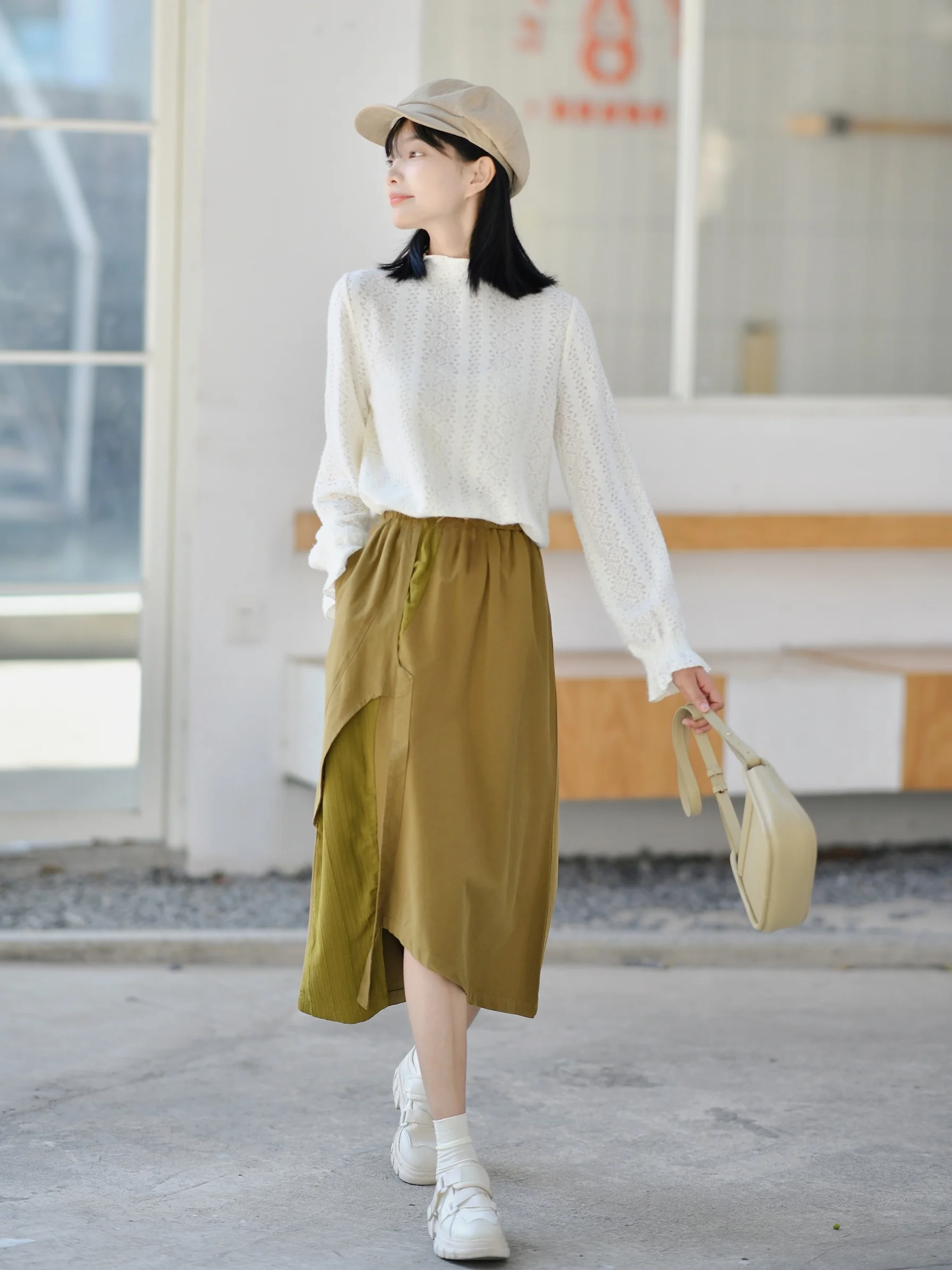 

Retro High Waist Elastic Long A-Line Skirt with Belt Slimming Skirt Spring 2024 Cotton Vintage Sle f-length Skirts