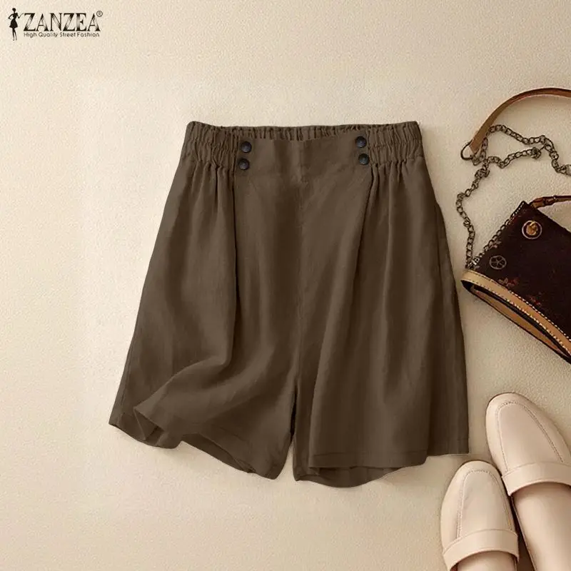 2026 ZANZEA Summer Elastic Waist Solid Shorts Women Vintage Loose Holiday Pants Baggy Cotton Pantalon Casual OL Work Palazzo