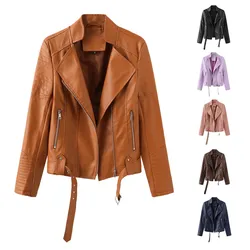 2024 Brand New Design Spring Autumn Womens Streetwear PU Leather Zipper Jacket Lady Hipsters Belt Coat S-3XL